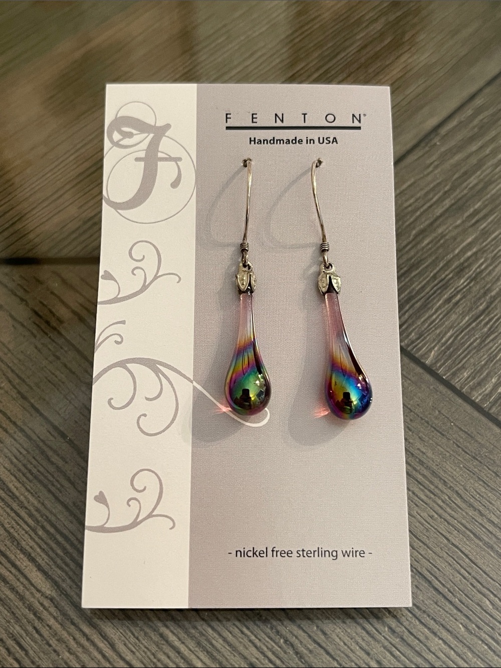FENTON Carnival Art Glass Tear Drop Earrings Iridescent .925 Sterling Wire NWT - Picture 3 of 16